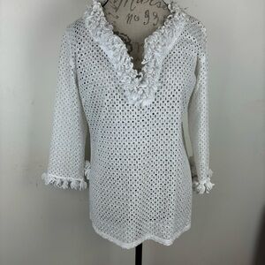 Gretchen Scott Zelda-white eyelet tunic blouse-ruffle detail-3/4 sleeve-Medium